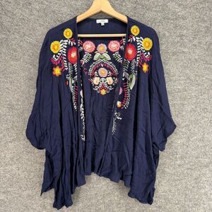 Verte Top Women M/L Blue Floral Embroidered Open Front 3/4 Sleeve Rayon Casual